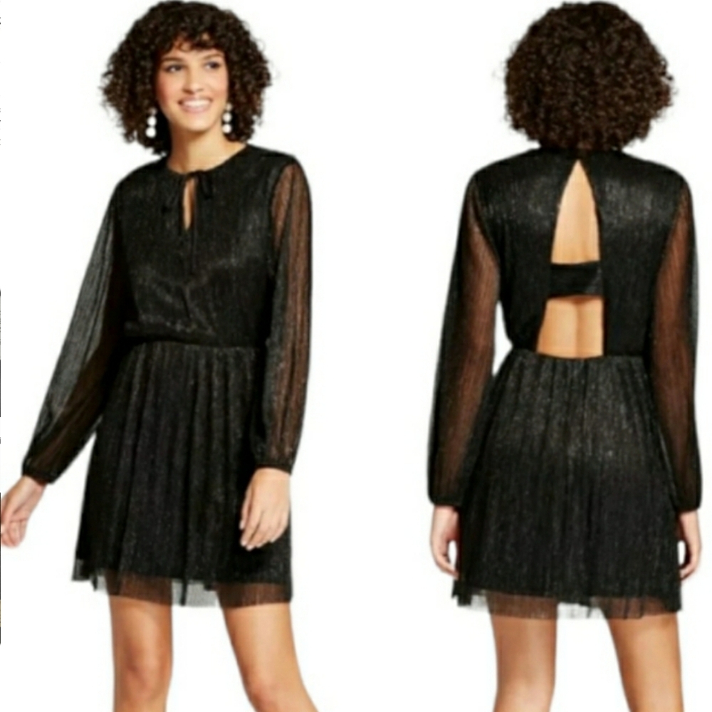 XHILARATION Black Metallic Ribbed Keyhole Semi Sheer Sleeve Dress XXL NWT